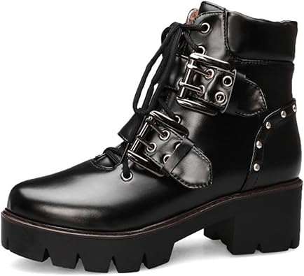MIOKE Womens Fashion Lace Up Dressy Ankle Boots Waterproof Chunky Platform Mid Heel Combat Short Booties