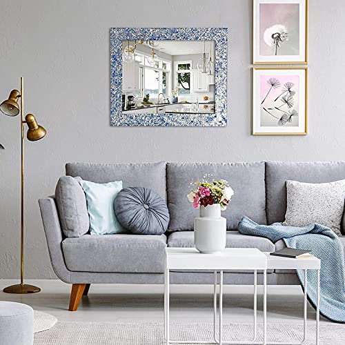 Multi-Colored Cobalt Blue & Silver, Luxe Mosaic Glass Framed Wall Mirror, Decorative Embossed Glass Mosaic Rectangular Vanity Mirror/Accent Mirror (30" X 24") #TOP2