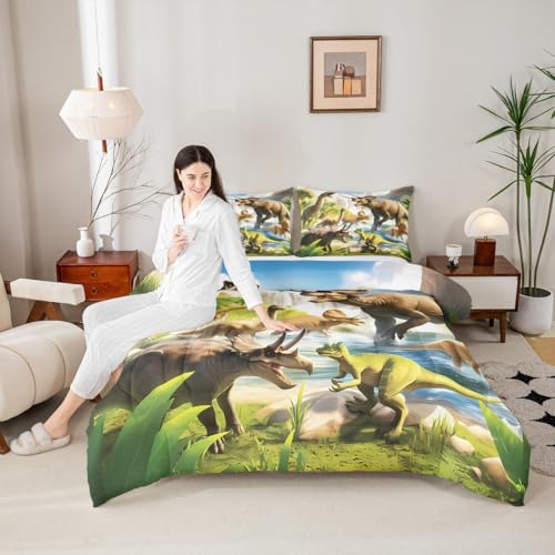 Image of Feelyou Dinosaur Dino Jungle Comforter Set Full Size Boys Girls Bedding | Children Wild Animal 3d Print All Season Breathable Soft Duvet Set Quilt Set Room Decor Microfiber 3Pcs Warm Cozy Lightweight