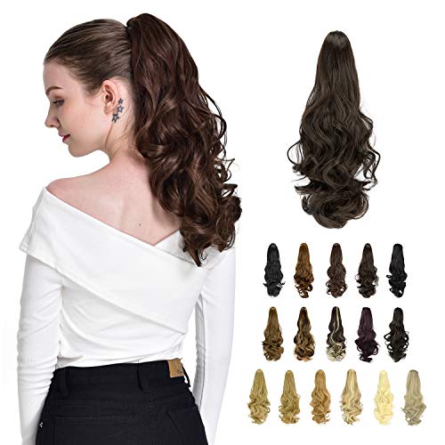 FESHFEN Hair Ponytail Extensions, 20 inch Claw Clip on Long Hair Piece Pony Tail Wavy Synthetic Natural Looking Hairpieces for Women