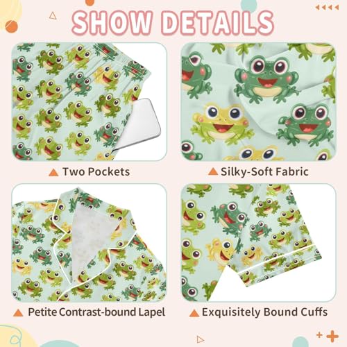 senya Green Frog Satin Summer Pajama Sets Silk Short Sleeve Button Down Sleepwear3