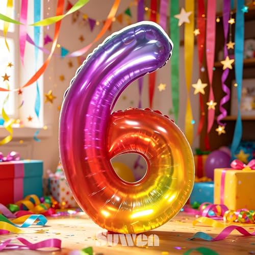 Image of SUWEN Rainbow Number 6 Balloon 40 Inch,Big Colorful Balloons 0-9 | Large Gradient Jelly 6th Helium Foil Mylar Number Multicolor Balloons for Birthday Anniversary Party Decorations
