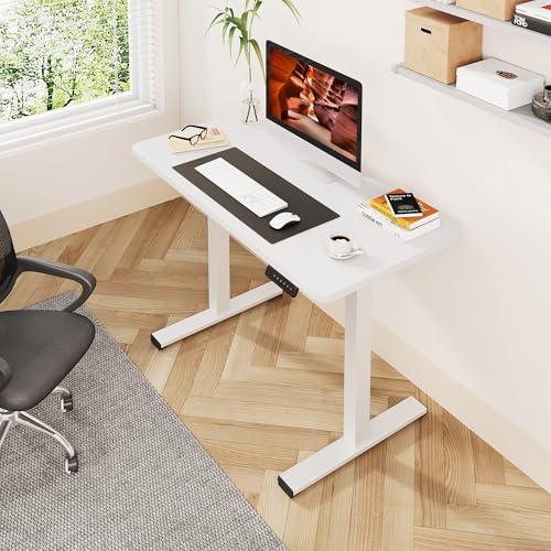 Image of One-Piece Standing Desk 40 x 24 Inches, Small Adjustable Height Desk for Small Space Electric Sit Stand Desks Home Office Computer Workstation, White