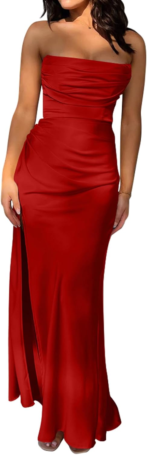 Memoriesea Women's Sexy Strapless Tube High Slit Ruched Party Cocktail Maxi Dress