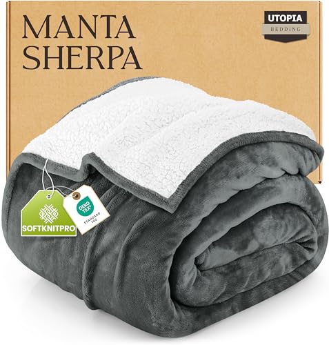 Utopia Bedding Manta Sherpa - Manta Reversible de Forro Polar Suave para Cama, Sofá y Viajes, Ideal para Todas Las Estaciones (Gris, 150x200 cm)