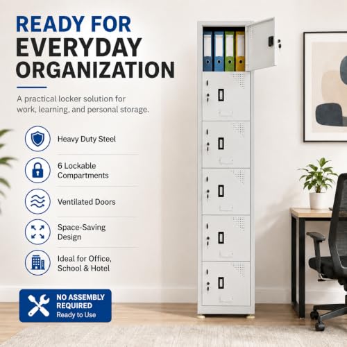 Image of Amazon Brand - Solimo Vertical 6 Door Steel Storage Locker, 183 CM Height Floor Standing Metal Cabinet with Individual Locks & Keys, Powder-Coated Havells Grey for Gym, School, Office & Workplace