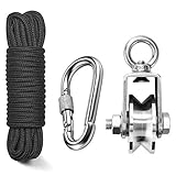 TooTaci 48MM Stainless Steel Crane Pulley Block and Tackle Pulley System, Heavy Duty Bearing Inside V Type Swivel Pulleys Wheel for Rope, with 1/4' Nylon Rope 33ft & Spring Snap Clip Link Hooks