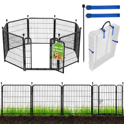 ADAVIN Tall Garden Fence with Gate 48 in(H) 8 Panels Heavy Duty Iron Metal Animal Barrier Fence Indoor Dog Playpen Temporary Fencing Dog Fence Outdoor for Yard Total17.7 Ft(L) Black
