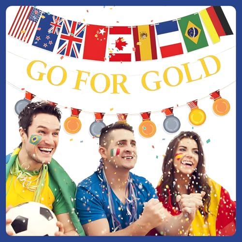 Image of GO FOR GOLD Banner Set and International Country Flags Bunting | Sports Themed Party Decoration,Olympic Sports Themed Decorations for Sports Party Bunting Supplies Decor