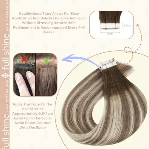 Image of Full Shine Tape in Extensions, Ash Brown Beige Blonde Ombre 22 Inch | 100g 40PCS, Seamless Double Sided Tape in Human Hair Extensions, Remy Soft Finish Wedding Styling Hazelnut Ash Blonde Blend