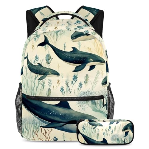 Cartable baleines sous-marines vintage grand format avec trousse assortie pour élève