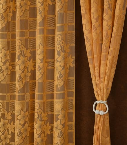 Image of Fabrilia Heavy Polyester Net Semi Transparent Fancy Eyelet Curtain, Floral Design, Gold, Window- 4 Feet X 5 Feet, Pack of 2 Pcs (Eyelet)