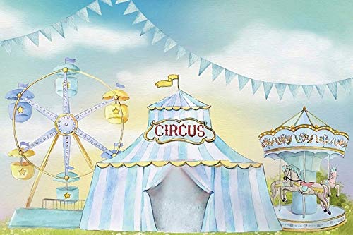 YeeleCircus Backdrop Light Blue Theme Baby Shower Newborn Photo Backdrop Curtains Playground Carousel Ferris Wheel Circus Tent Outdoor Party Vinyl Background Backdrops 7x5ft