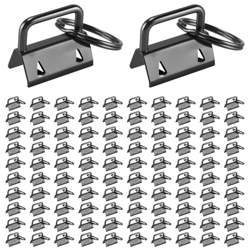MUKLEI 100 PCS 1 Inch Key Fob Hardware, Carbon Black Keychain Hardware with Rings, Key Fob Keychain for Webbing Fabric Strapping