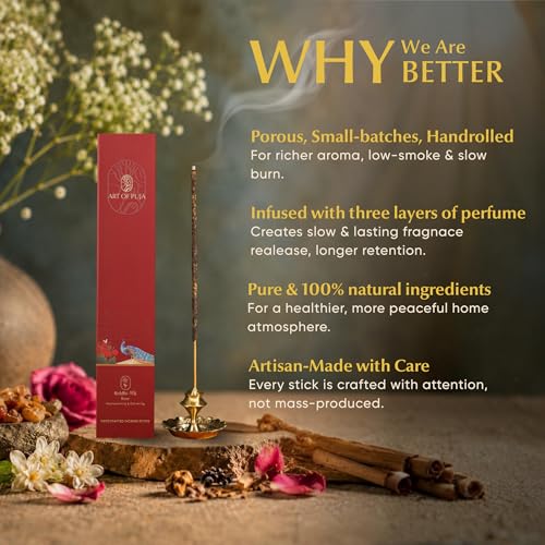 Image of Rose (Gulab) Handcrafted Incense- 30 Agarbatti Stick | 1 Hr Burning Time, 2+ Hr Fragrance Retention | Sweet Rose Aroma, Low Smoke | Free Agarbatti Holder | Incense Sticks for Home