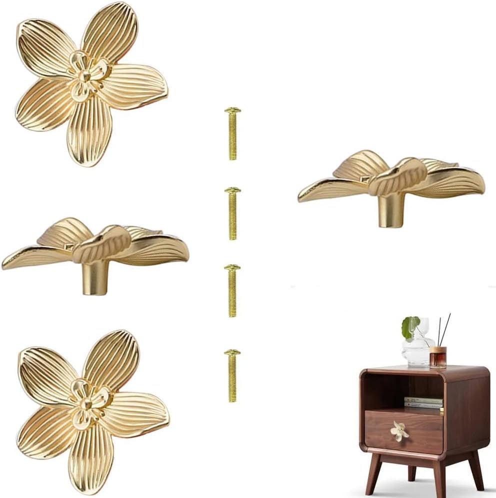 NALACAL Gold Flower Drawer Knobs Creative Petal Kitchen Cabinet Knobs Dresser Knobs Furniture Cupboard Drawer Pulls Handles for Wardrobe Door Pulls 4 Pcs