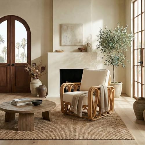 Sillón con estructura de ratán y cojín blanco miniatura 2