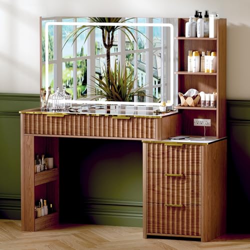 Vanity Desk with Power Outlet Mirror Lights Storage