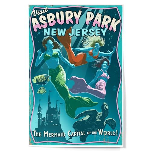 Lantern Press 12x18 Inch Art Print, Home Decor, Asbury Park, New Jersey, Mermaids Vintage Sign