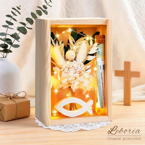 Kommunion Geschenke für Mädchen Junge,Geldgeschenke Verpackung Kommunion/Erstkommunion,inklusive Holzbox+Trockenblumen+LED Lichterkette+Reagenzglas+Fish Holz+Karte