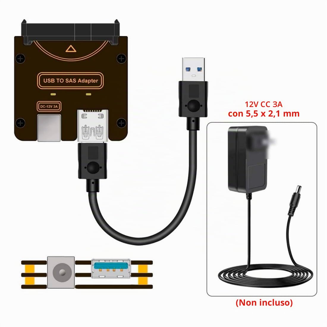 chenyang Adattatore da USB 3.0 a SAS per dischi rigidi SFF-8482 SAS da 2,5/3,5" a USB convertitore adattatore senza alimentazione (alimentazione necessaria per funzionare)