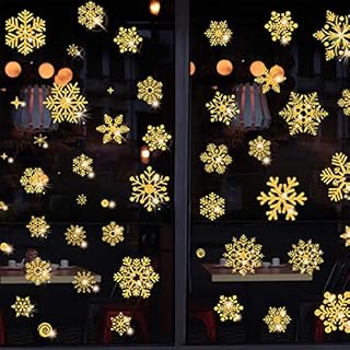 HBell Christmas Snowflake Stickers,110Pcs Reusable Christmas Window Stickers,Static Self Clings PVC Snowflakes Window Clings for Xmas Home/Shop Decorations Winter Party Supplies Ornaments (Gold)