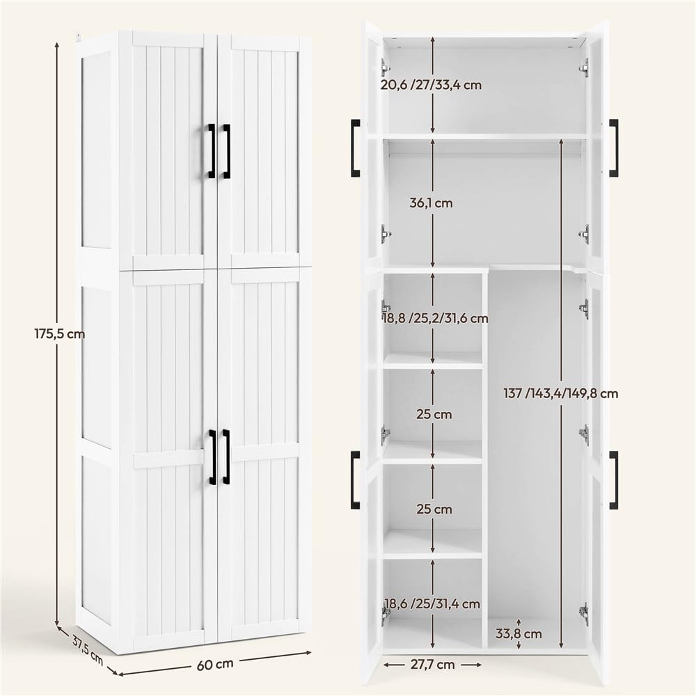 Yaheetech Meuble/Armoire de Rangement avec Compartiment Aspirateur, Colonne avec Étagères Réglables, 4 Portes, pour Salon, Cuisine, Salle de Bain, Blanc, 60x37x175.5 cm