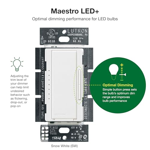Image of Lutron Maestro LED+ Dimmer Switch for Dimmable LED, Halogen and Incandescent Bulbs, 150W /Single-Pole or Multi-Location, MACL-153M-SW, Snow