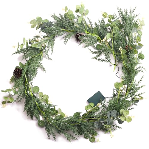 Image of 6ft prelit Lighted Christmas Garland with LED Lights,Battery Powered with Pine Cones,Eucalyptus Leaves,Berries, Pine Needles,Christmas Garland for Fireplace Mantle Decorations. (White Berries)