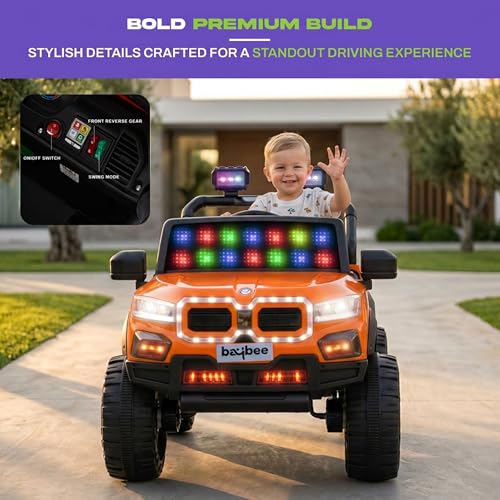 Image of Baybee RogueX Battery Operated Jeep for Kids with Parental Control | Baby Ride On Electric Car with RGB Lights, Music & Swing Mode | Rechargeable Battery Car for Kids 2 to 6 Years Boys Girls (Orange)