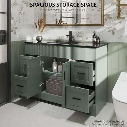 Image of eclife 48 inch Bathroom Vanities Sink Combo with Painted Surface, Modern Drawered Cabinet W /Decorative Wave Lines, Undermount Single Black Sink, Matte Black Faucet Drain, Gray Green