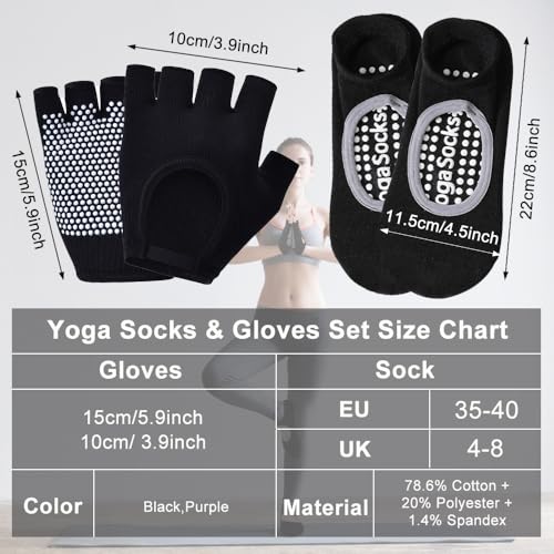 Image of 2 Pairs Non Slip Yoga Gloves Socks Set, Women Fingerless Gym Gloves and Pilates Socks for Fitness Exercise Yoga