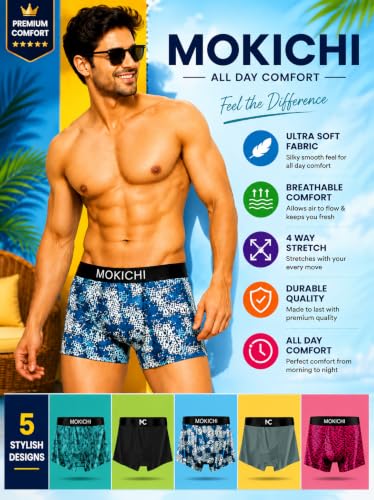 Image of Men's Boxer Briefs for Men, Stretchable Trunks Underwear, Soft Comfortable Fit, Breathable Mid-Rise Boxer Shorts, Assorted Solid & Printed Designs, Pack of 5