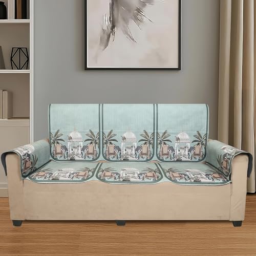 Image of Velvet 3 Seater Sofa Cover with 6 Seat and Back Covers, 2 Hand Rest Covers - Elephant dome Design - Washable Fabric - Stylish Sofa Cover for Modern Living Room (Green, 3 Seater With Arm Covers)