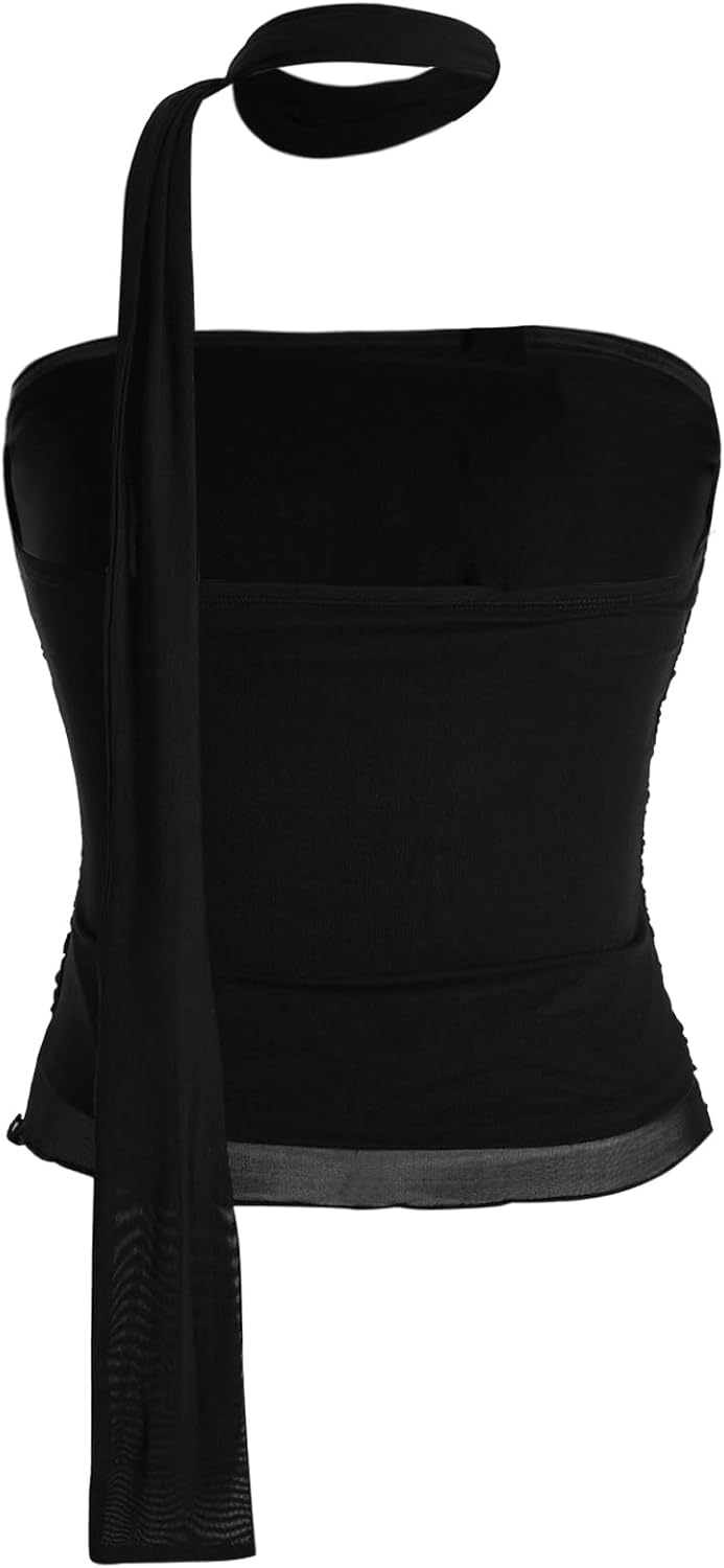 SweatyRocks Women's Ruched Sheer Mesh Strapless Tube Top Sleeveless Slim Fitted Bandeau Top with Scarf - Image 3