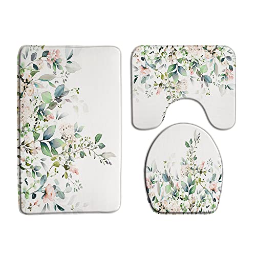 Floral Leaves 3 Piece Bath Mat Sets,Sage Green Leaf Plant Eucalyptus Flower Herbs Botanical Succulent Wildflower Nature Bathroom Kitchen Rug,17.8