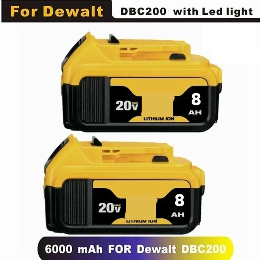 Batteria al litio DCB200 20V 8Ah 6000mAh compatibile con le serie DeWalt 20V Max DCB180/DCB200/DCB204 e gli utensili cordless DCD/DCF/DCG/DCS | Batteria ricaricabile ad alta capacità |(2PCS 6.0Ah)