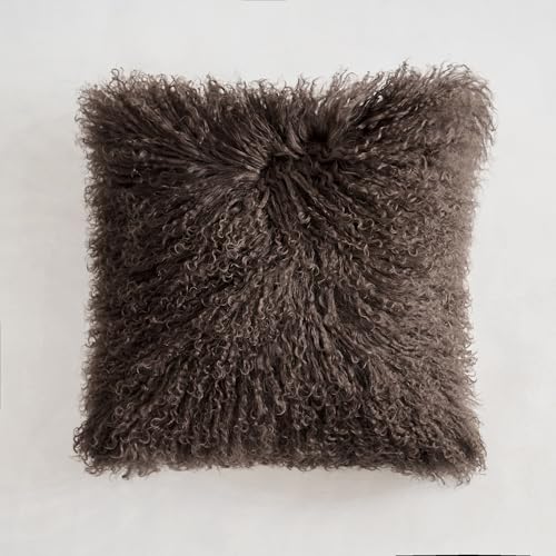 Genuine Mongolian Lamb Fur Pillow Cover – Soft Curly Sheepskin Cushion Case – Decorative Throw Pillow for Sofa, Couch, or Bed Sizes (Chocolate Brown, 18" x 18")