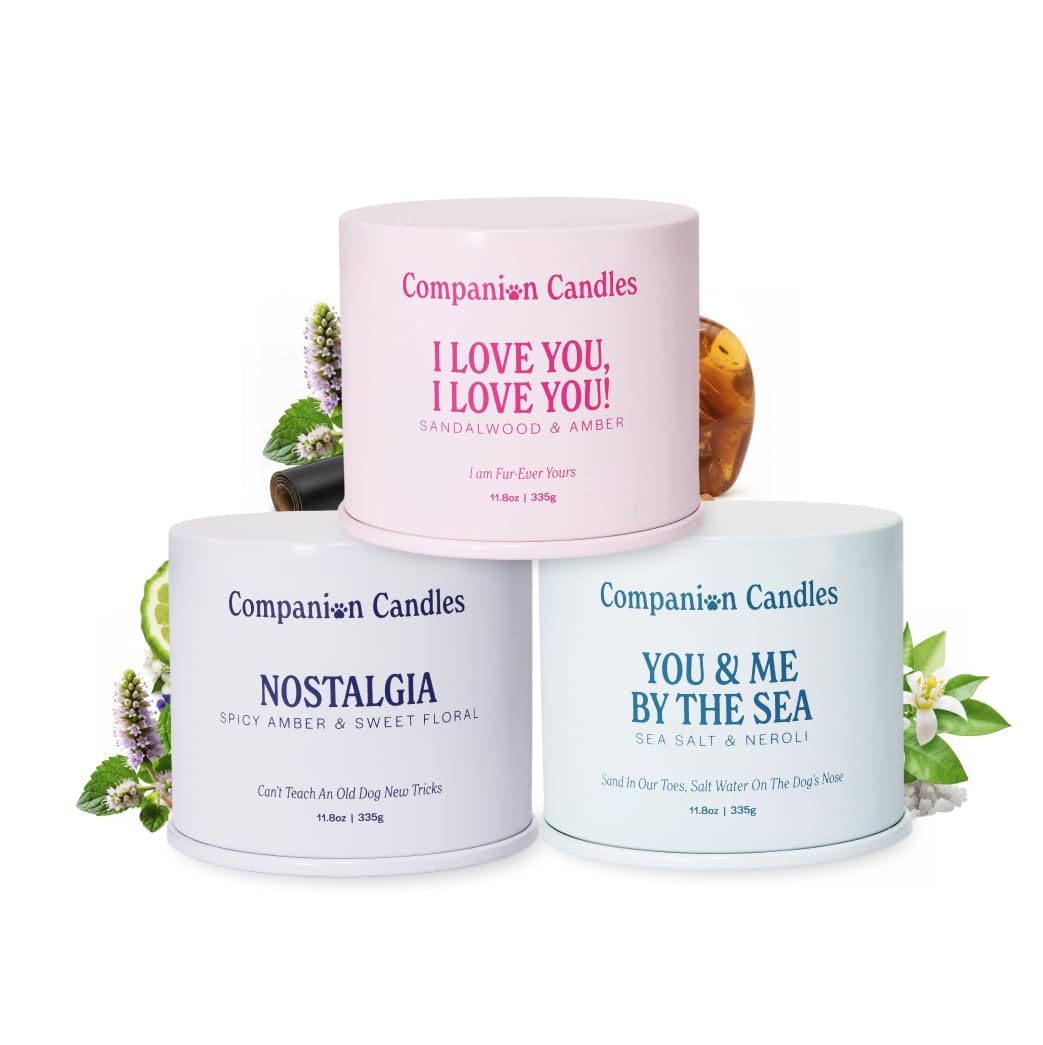 Companion Candles 3-Pack Pet-Friendly Scented Candle Set – Sandalwood Amber, Sea Salt Neroli & Spicy Amber Floral – Coconut Soy Wax Candles with Wooden Wicks, Approx. 50-Hour Burn Each, Made in USA, 1