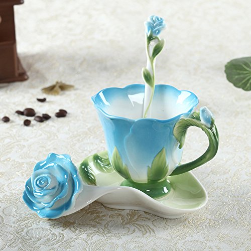 Ybk Tech Creative 3D Rose Bone China Ceramic Coffee Mugs Afternoon Tea Cup And Saucer Set (Blue) #TOP1