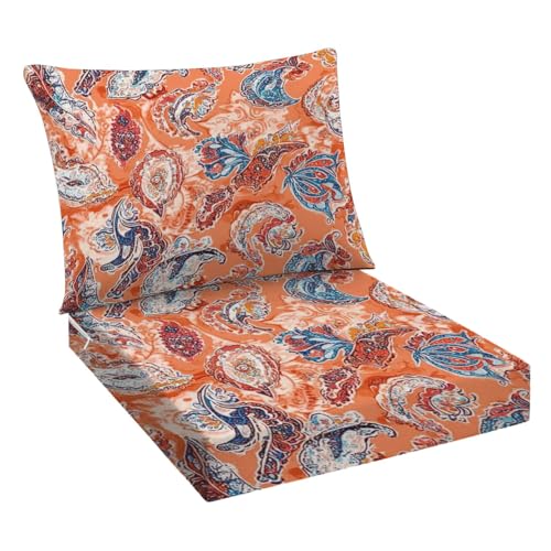 Outdoor Deep Seat Cushions Set 24 x 24 Inch Paisley seamless Fantastic flower leaves Textile bohemian print Batik Patio Furniture Cushions Fade Resistant Deep Seat & Back Cushion for Sofa Chair Couch