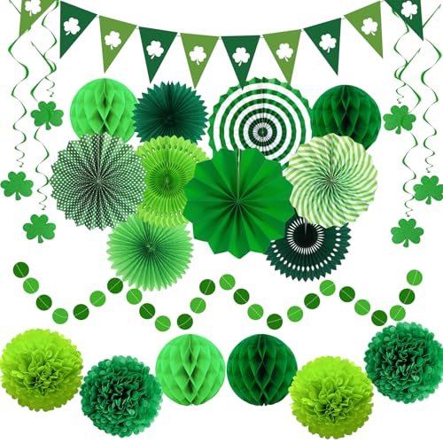 Image of 24 Pcs Green Birthday Decorations Kit, Paper Fans Pom Poms Banner 8-16 in | Green lime clover fans, pom poms, honeycomb balls, banner, swirls for birthday, safari, woodland baby shower, spring decor