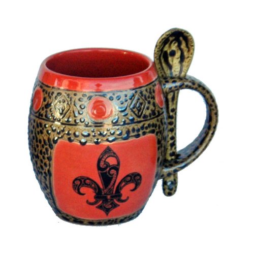 ALWAYS AZUL POTTERY Fleur De Lis Mug with Spoon in Coral - Handmade Ceramic Coffee Mug - Stylish and Unique Handcrafted Artistic Drinkware - Polished Clay Cups, Great for Coffee, Tea, and Art Lovers