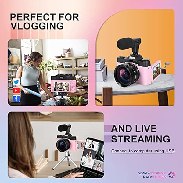 Fotocamera digitale 4K Vlogging con schermo flip a 180°, WiFi, obiettivo macro e grandangolare, controllo app, microfoni esterni, zoom 16x, scheda TF da 32 GB, fotocamera per fotografia, vlogging,