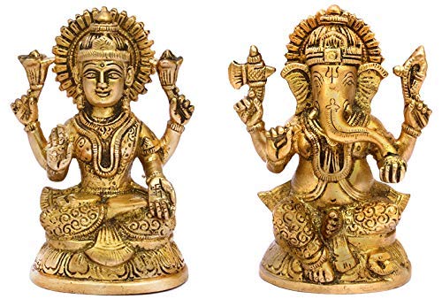 VintFlea Brass Made Dhan Laxmi Idol with Lord Ganesha Idol foe Diwali Pooja in Home Temple 2 inches