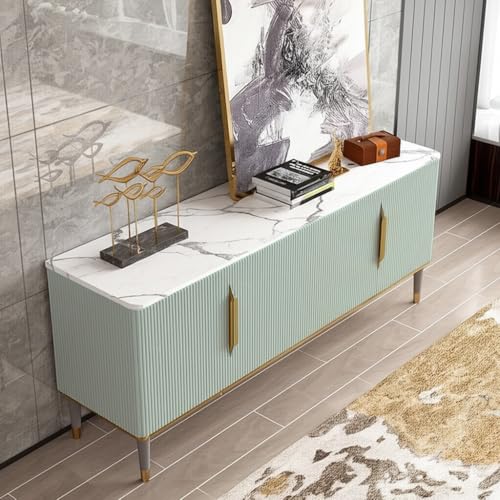Image of Sonic Console Table, White Marble Top, Charcoal Louvers, Gold Accents, 66 x 15 x 22 Inch, Modern Entryway Storage Cabinet, Waterproof Plywood, PVD-Coated Legs, Elegant TV Unit (Sky Blue)
