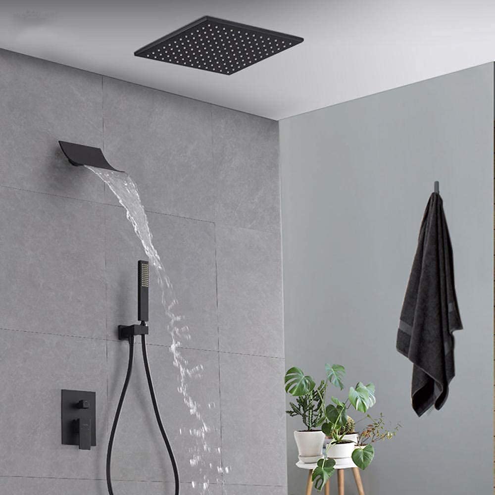 Ensemble de douche encastré luxe noir mat 25 cm avec mitigeur cascade