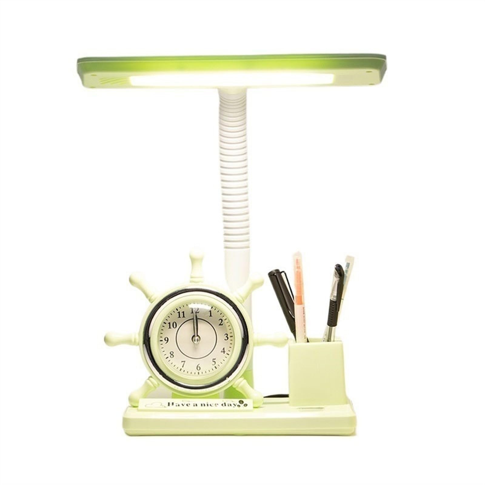 Lampe de bureau Lampe de bureau avec protection des yeux, lampe de bureau LED enfichable avec petit réveil et porte-stylo, 3 modes d'éclairage, interrupteur à bouton Lampe de bureau LED(Green)