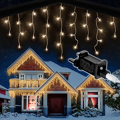 Icicle Lights Outdoor Christmas 480 LED 15m Lit Length, Warm White Icicle Fairy House Lights with Memory, 8 Hours On Timer, 8 Lighting Modes, Mains Powered – 480 LED, Warm White