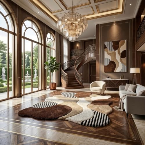 Image of SWEET HOMES Carpet for Living Room | Irregular Handwoven Shaggy Fluffy Area Rug | Modern Abstract Plush Carpet, 12 x 14 Feet (366 x 427 cm), Brown Beige